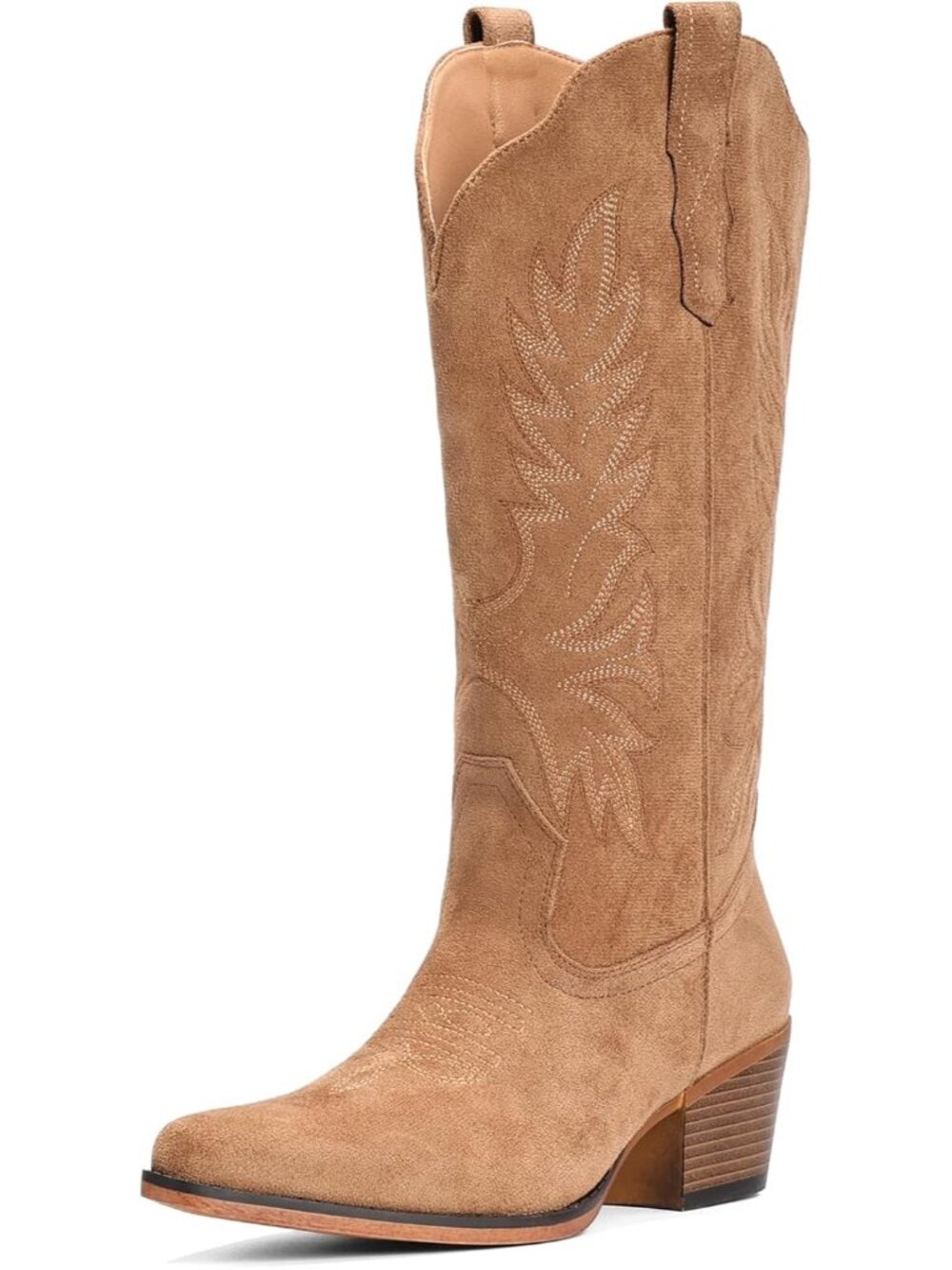 Women’s Dark Brown Slip-On Mid-Calf Embroidered Cowboy Snip Toe Chunky Heel - Picture 4 of 6